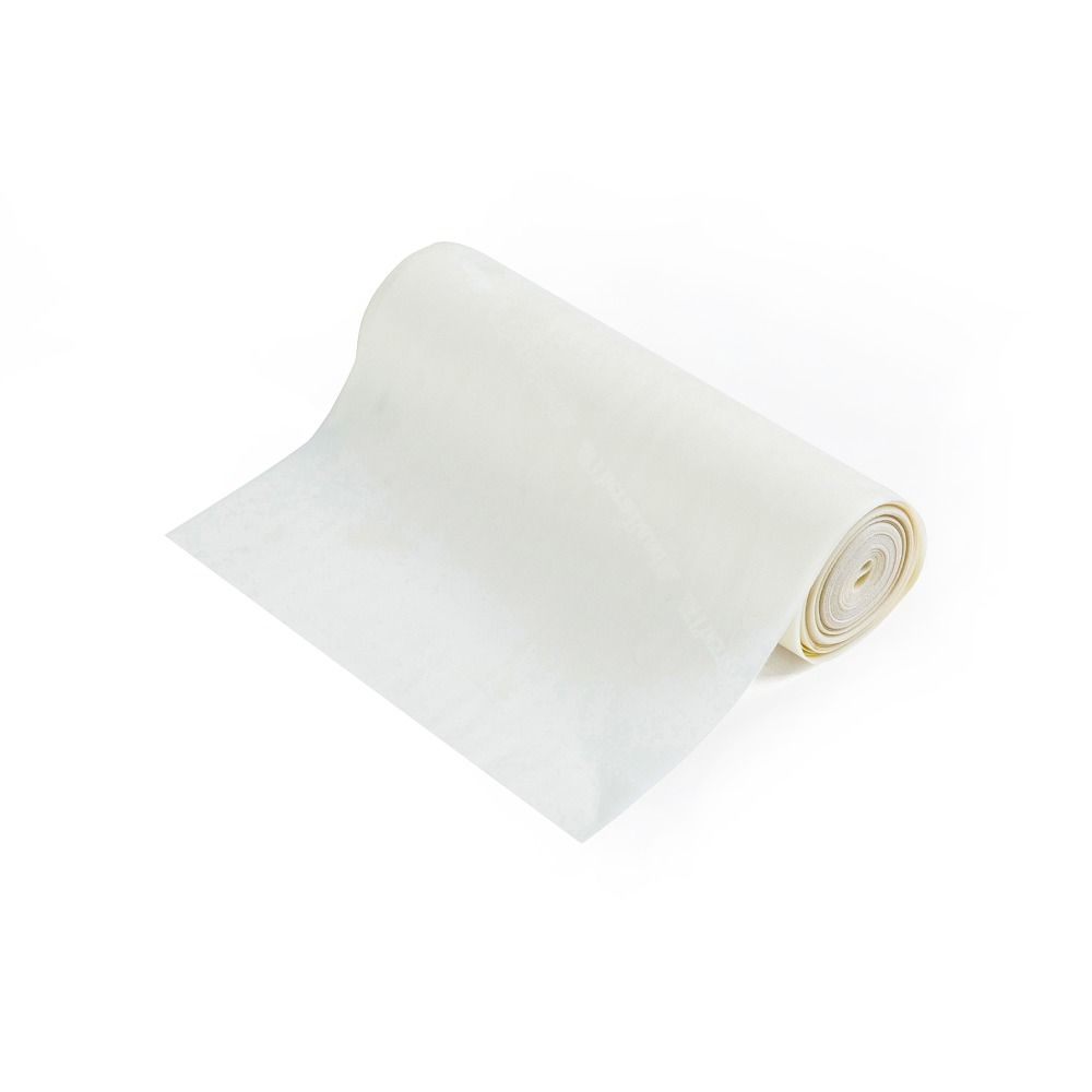 Beige Rolle aus flexiblem Material. Das Material ist teilweise ausgerollt.