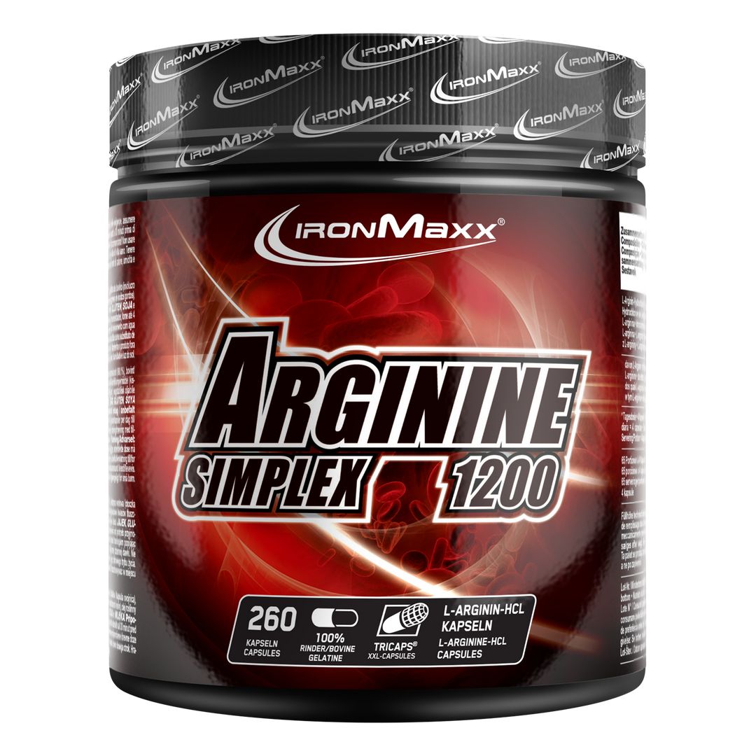 Dose mit dem Produktnamen Arginin Simplex 1200. Aufschrift: 260 Kapseln, 100% Rindergelatine. Enthält L-Arginin-HCL Kapseln.