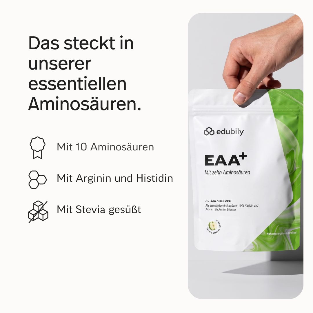 Packung edubily EAA+ Pulver. Icons und Text: Mit 10 Aminosäuren, Mit Arginin und Histidin, Mit Stevia gesüßt.