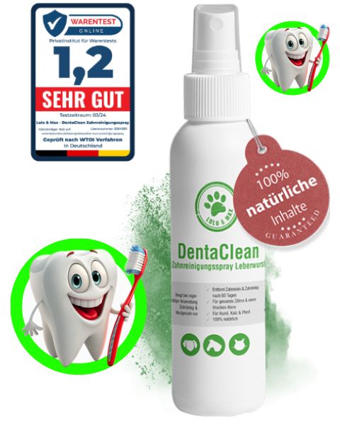 Weiße Sprühflasche DentaClean, Leberwurst-Geschmack, mit rotem Anhänger. WarenTest-Siegel. Abbildung eines Zahns mit Zahnbürste.