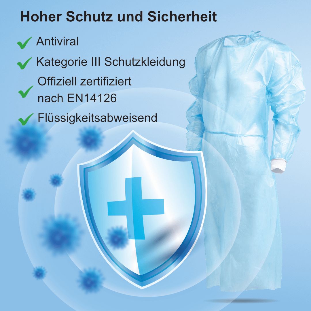 Blauer Schutzkittel mit Schutzschild und Kreuz. Text: Antiviral, Kategorie III Schutzkleidung, zertifiziert nach EN14126, flüssigkeitsabweisend.