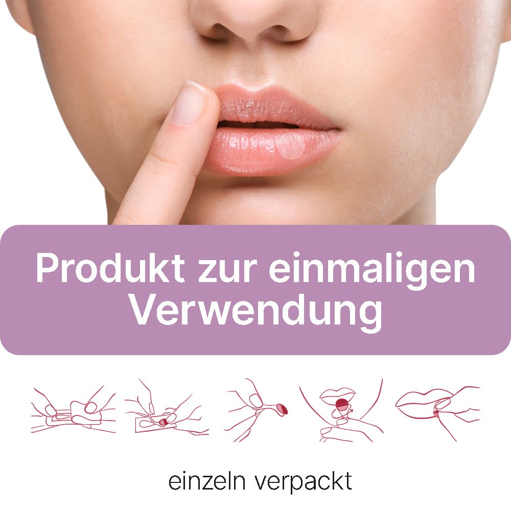 Produkt zur einmaligen Verwendung, einzeln verpackt. Anwendungshinweise in Grafiken.