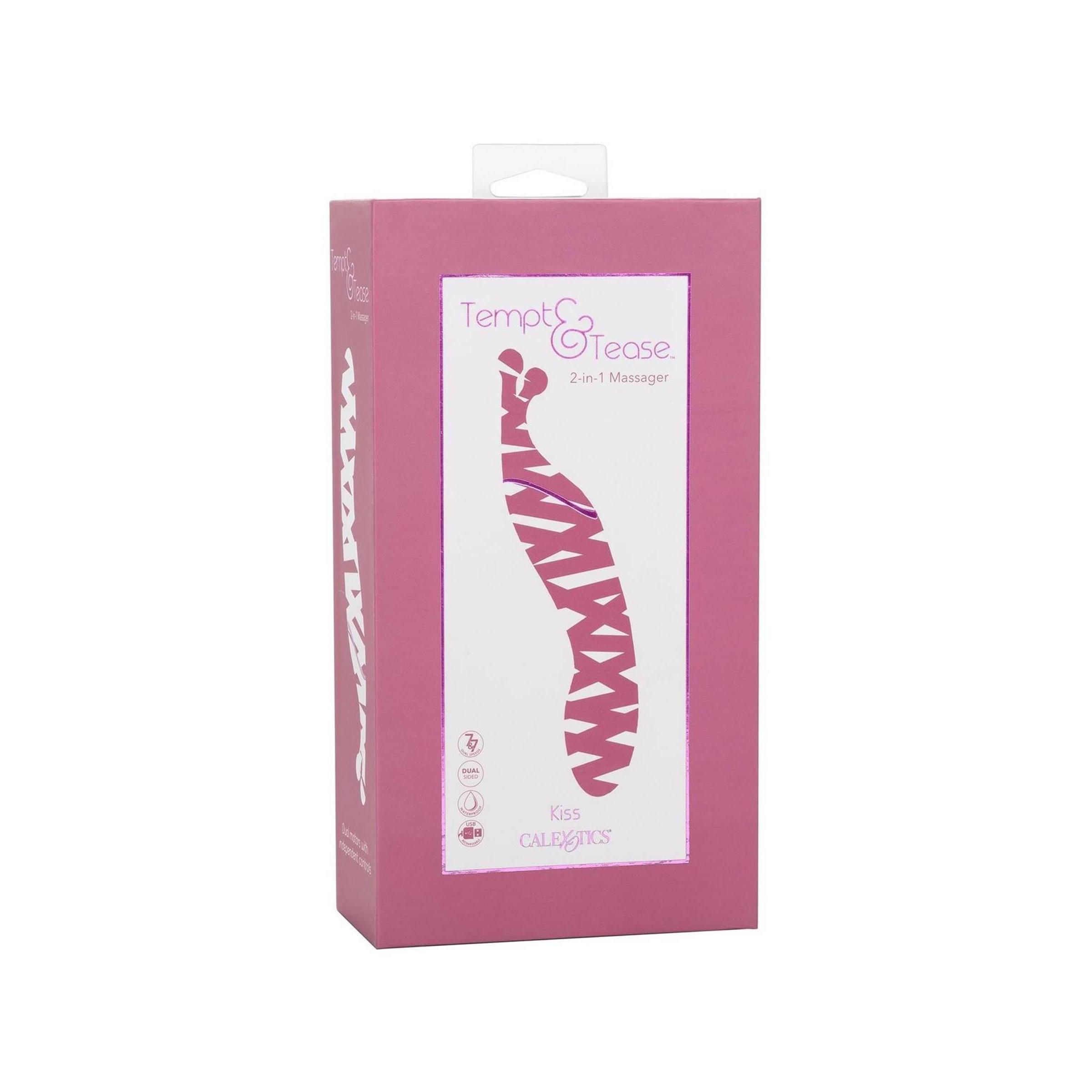Rosa Produktverpackung mit Produktabbildung. Text: Tempt & Tease, 2-in-1 Massager. Marke: CalExotics.