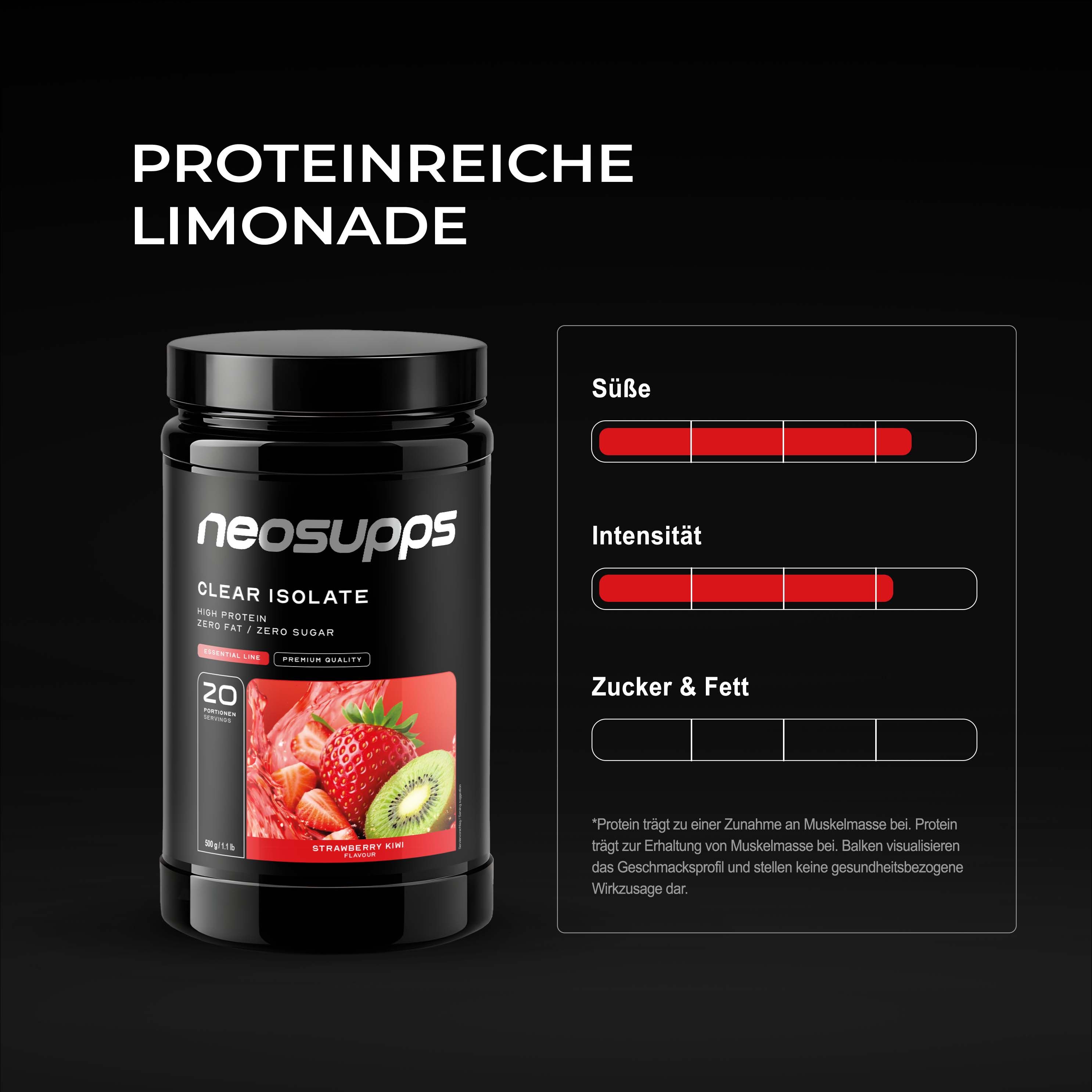 Neosupps Clear Whey Isolat Protein Pulver Strawberry Kiwi, 500g,  zuckerfrei, Abnehmen, Muskelaufbau