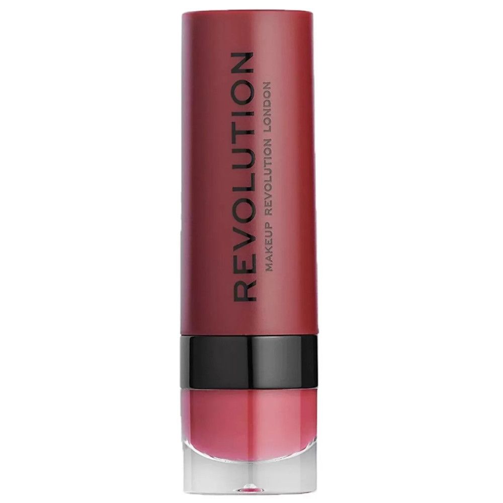Lippenstift, rosa Farbe, schwarze Basis, rote Hülse. Marke: Makeup Revolution London.