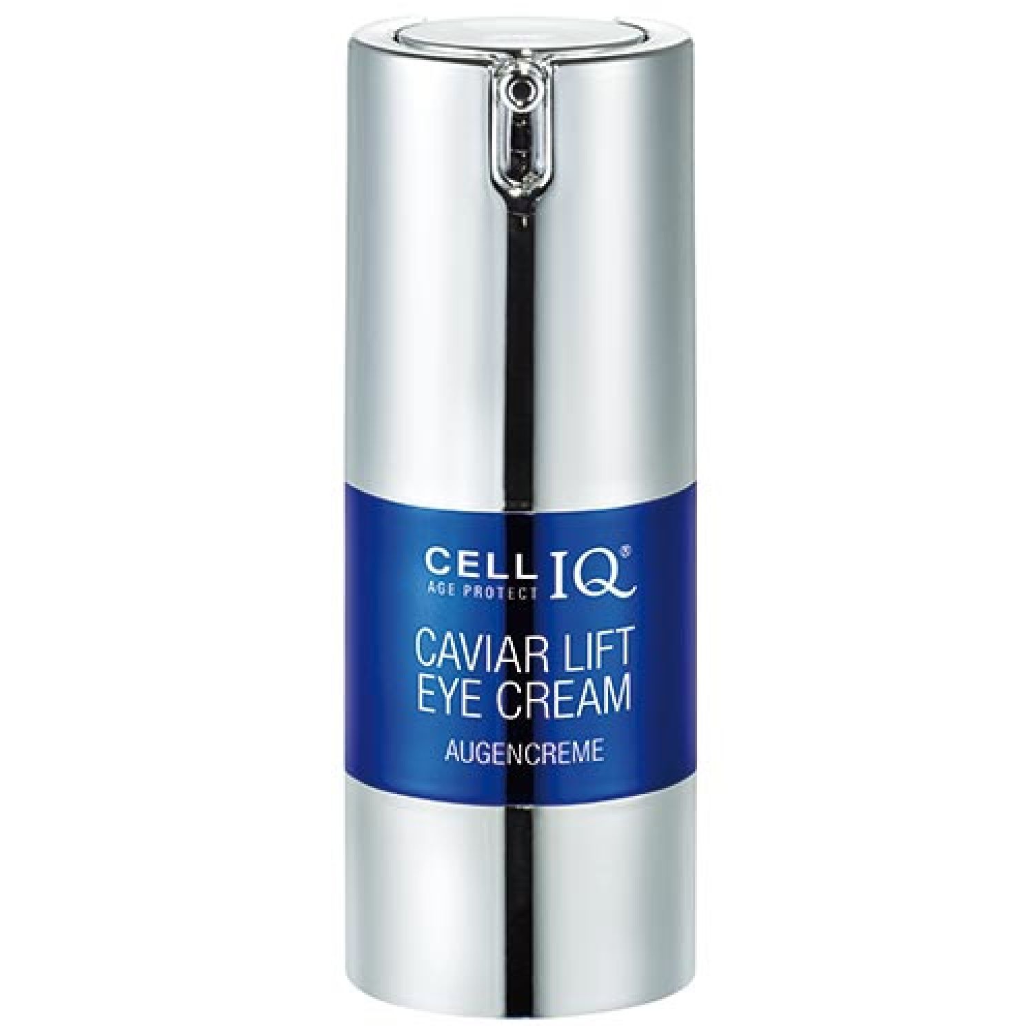 Zylinderförmige Flasche mit silberner Oberfläche und blauem Mittelteil. Aufschrift: CELL IQ, Caviar Lift Eye Cream, Augencrème.