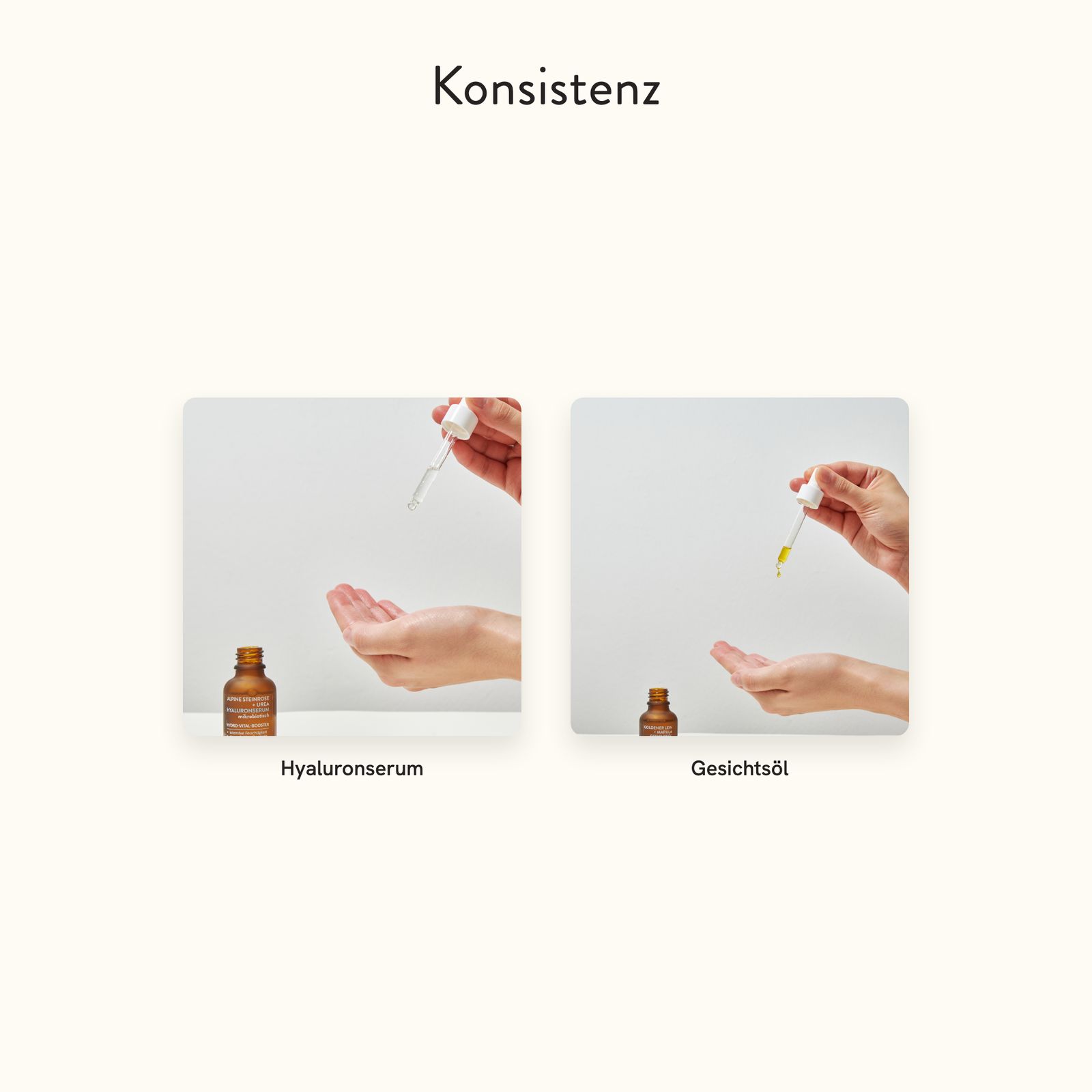 Tropfen von Hyaluronserum und Gesichtsöl werden mit Pipetten auf die Handfläche gegeben.