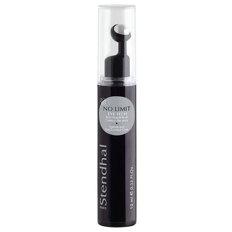 Schwarze Flasche mit silbernem Applikator. Aufschrift: NO LIMIT EYE TECH, Stendhal PARIS. 10 ml.
