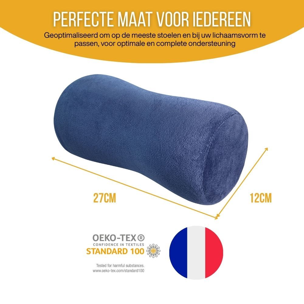 Blauw ergonomisch kussen. Afmetingen: 27 cm x 12 cm. Oeko-Tex certificering. Franse vlag.