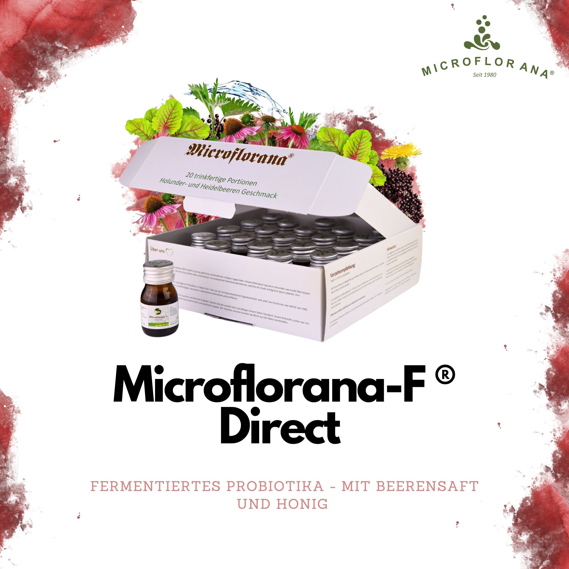 Produktabbildung mit Fläschchen von Microflorana-F Direct. Aufschrift: Fermentiertes Probiotika. Mit Beerensaft und Honig.