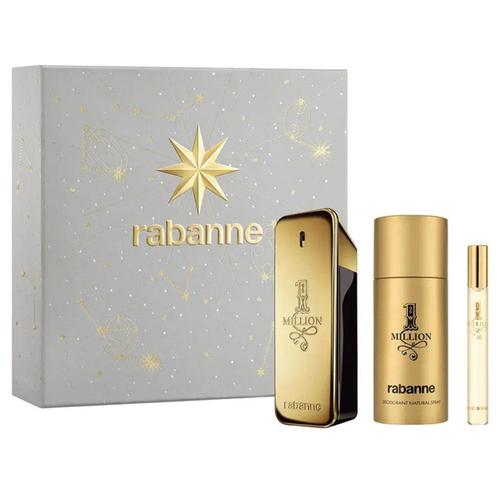 Geschenkset mit goldfarbenem Flakon, Deodorant und Zerstäuber. Graue Schachtel mit Sternenmuster und Rabanne-Logo.