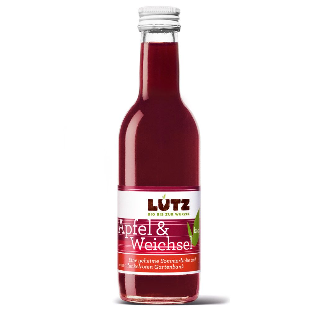 Eine Glasflasche Bio-Lutz Bio-Fruchtsaft, Apfel & Weichsel. Die Flasche ist mit rotem Saft gefüllt und hat einen weißen Deckel. Auf dem Etikett stehen der Markenname und die Geschmacksrichtung.
