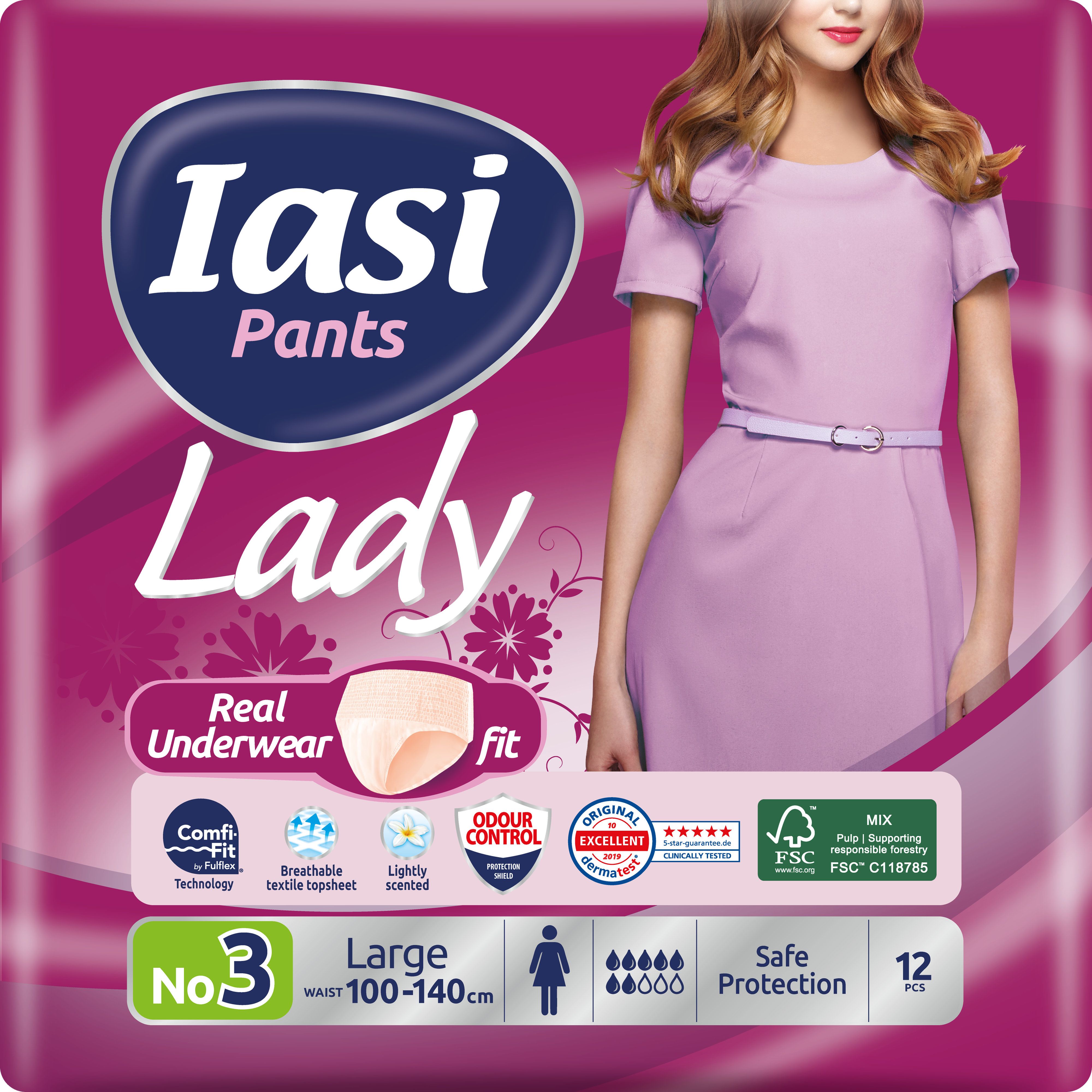 IASI Pants LADY, 12 Mutande Assorbenti Donna monouso, Assorbenza PLUS, Taglia L, 12 Unità
