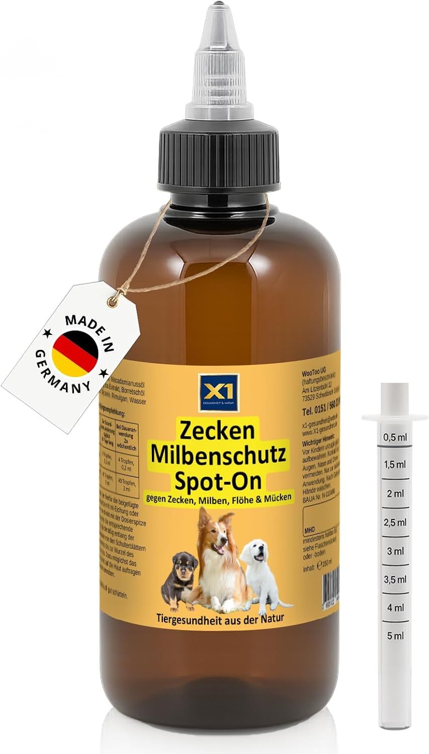 X1 Zecken Milbenschutz Spot-On gegen Zecken, Milben, Flöhe & Mücken 250 ml Flüssigkeit