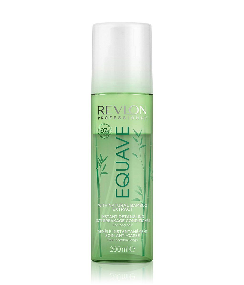 Grüne Flasche mit weißem Deckel. Aufschrift: Revlon Equave, mit Bambus-Extrakt, Sofort-Entwirrung, Anti-Haarbruch-Pflege. 200ml.