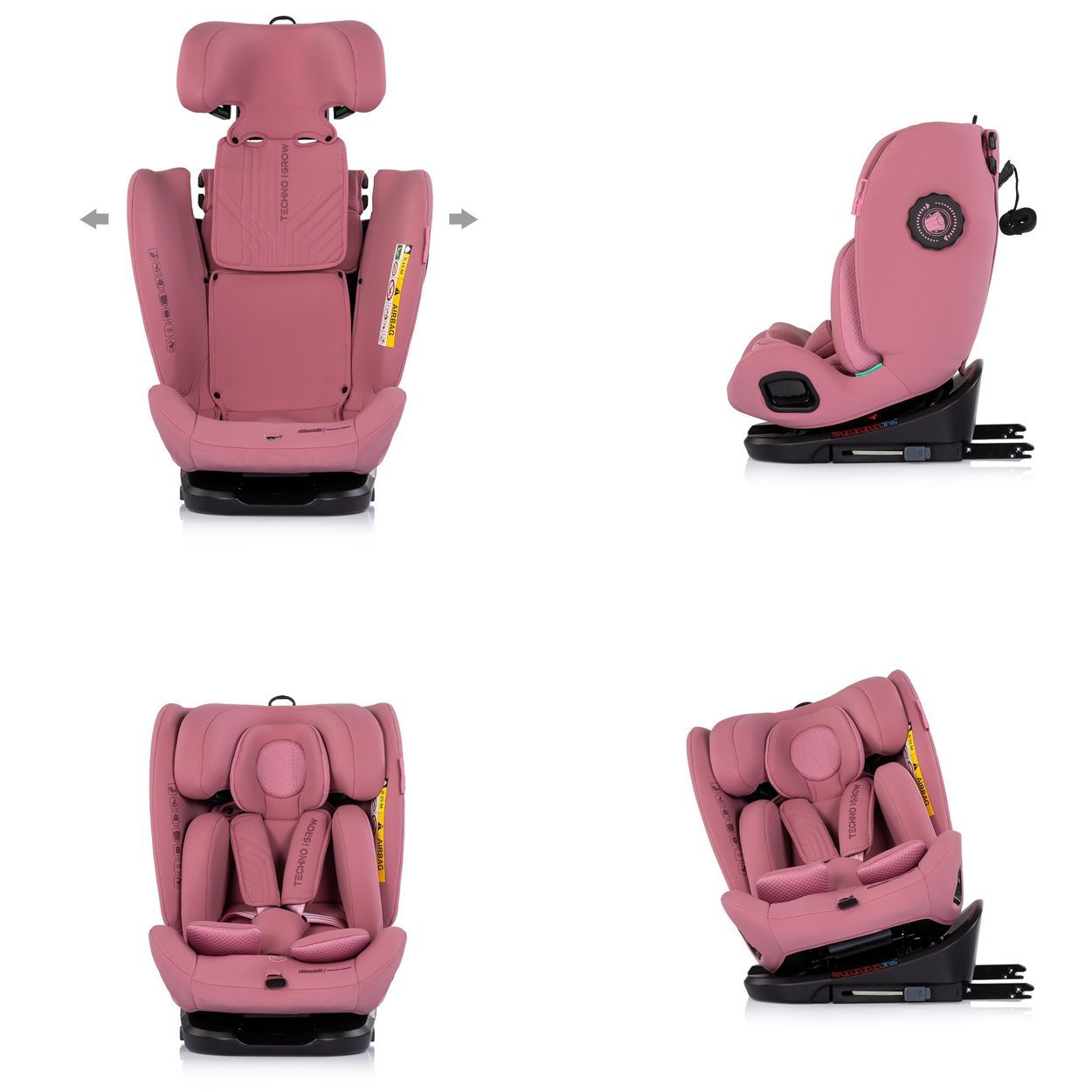 Rosa Kindersitz mit verstellbarer Kopfstütze und 5-Punkt-Gurt. "TECHNO ISOFix" Schriftzug.
