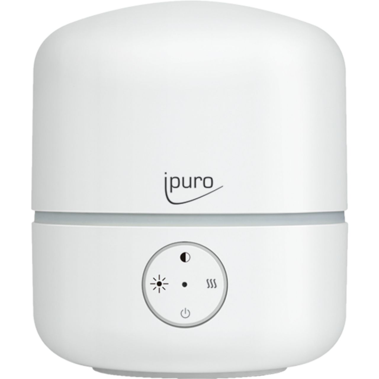 Weißer Aroma Diffusor mit "ipuro" Logo. Runde Form mit Bedienfeld und Symbolen.