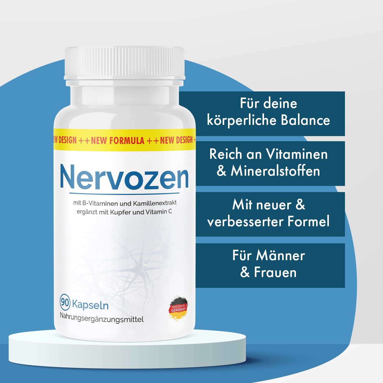 Weiße Flasche Nervozen Kapseln. Aufschrift: Nervozen, 90 Kapseln, Nahrungsergänzungsmittel. Text: Für deine körperliche Balance.