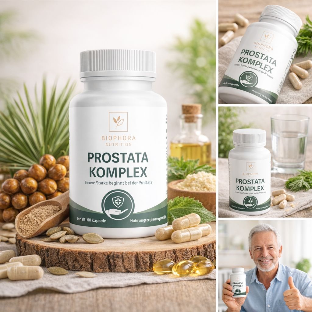 Weiße Flasche mit Kapseln. Aufschrift: Prostata Komplex. Zusätzliche Elemente: Holz, Blätter, Öl, Samen, Glas, Mann.