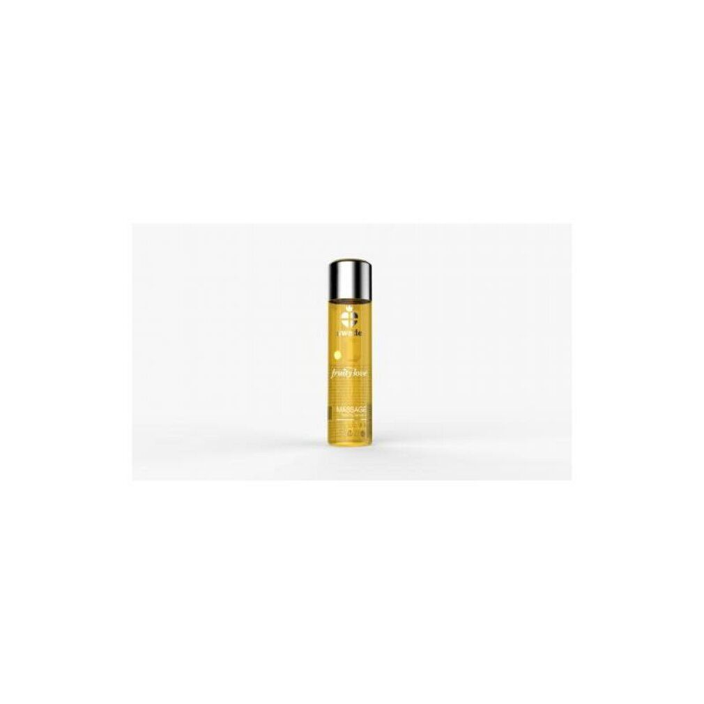 Zylindrische Flasche mit silbernem Deckel. Aufschrift: fruity love, Massage. Gelbe Flüssigkeit sichtbar.