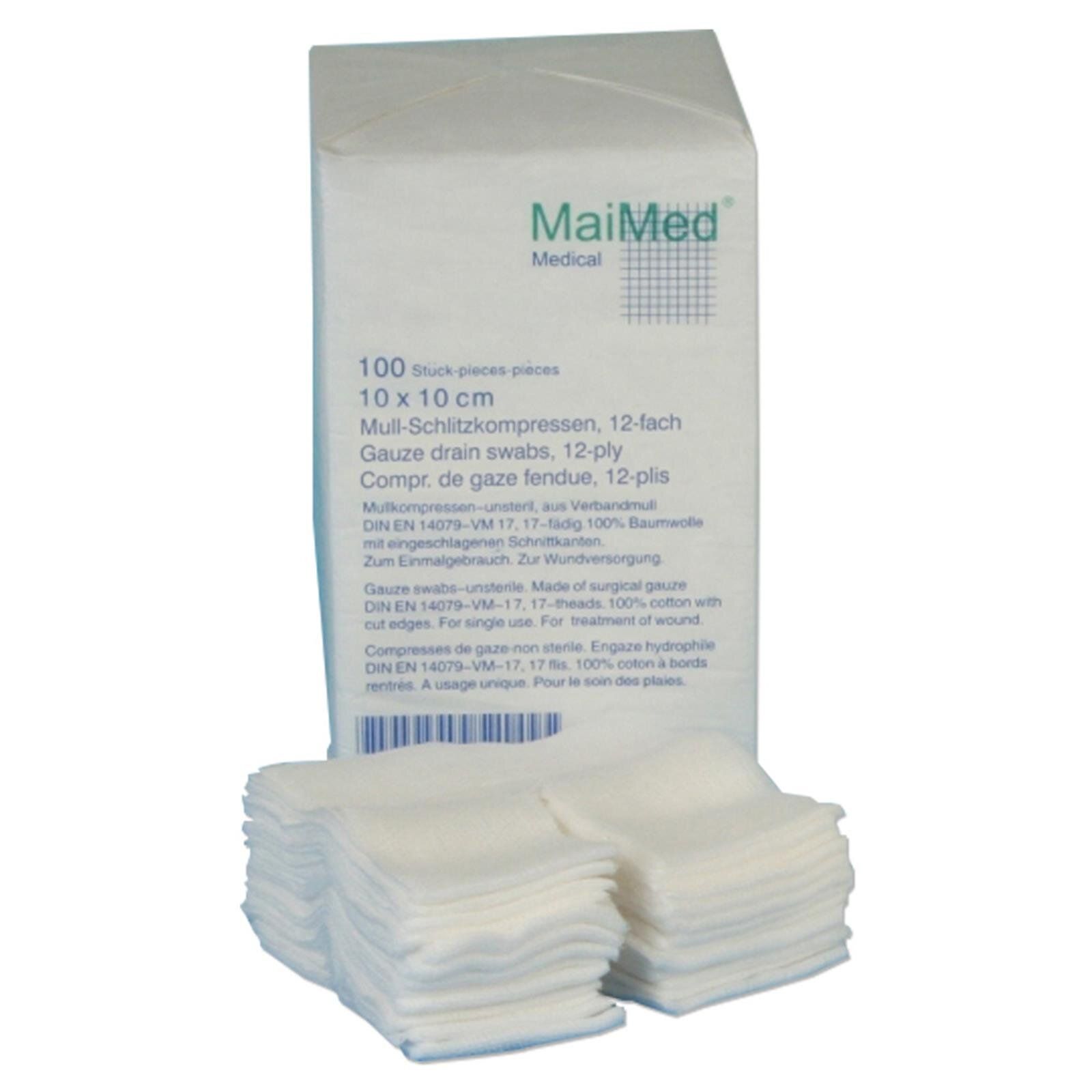Weiße Mull-Schlitzkompressen, 12-fach, 10 x 10 cm, neben Verpackung mit MaiMed-Logo. 100 Stück.
