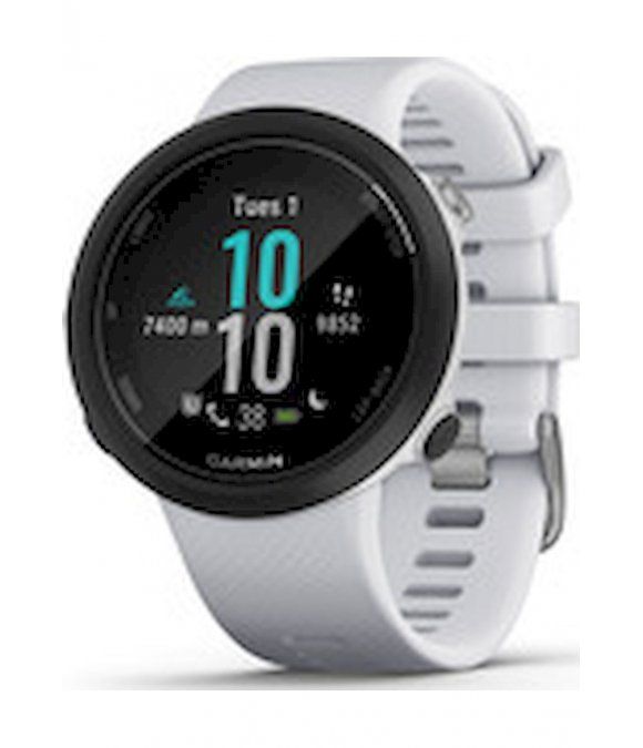 Garmin Swim 2 Tracker mit weißem Silikon-Armband. Schwarzes Display mit Uhrzeit und Daten. Schwarzer Rand.