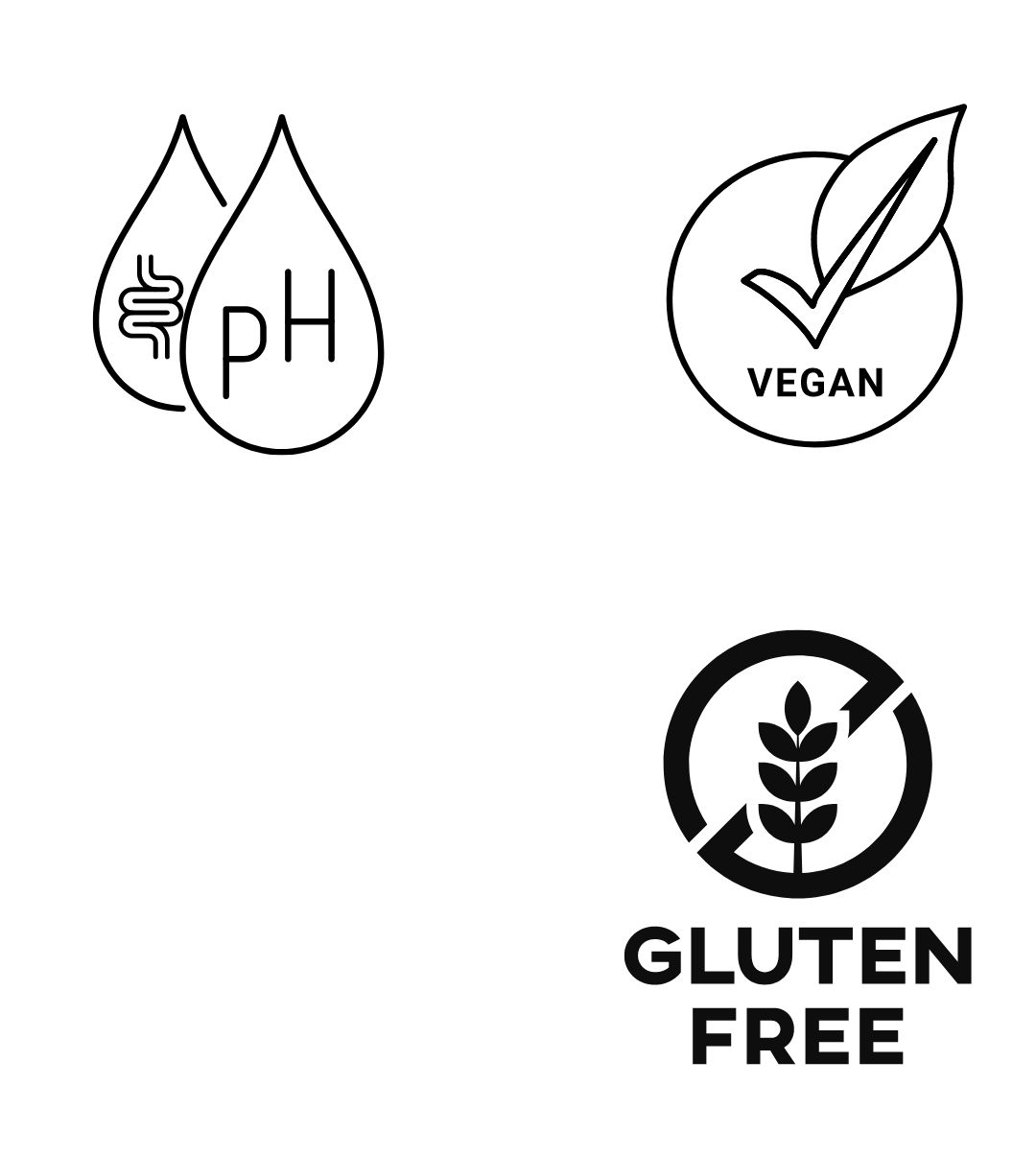 Icons: pH, vegan, glutenfrei. pH-Wert in Tropfen, Vegan-Siegel mit Blatt, Glutenfrei-Symbol mit durchgestrichenem Ähre.