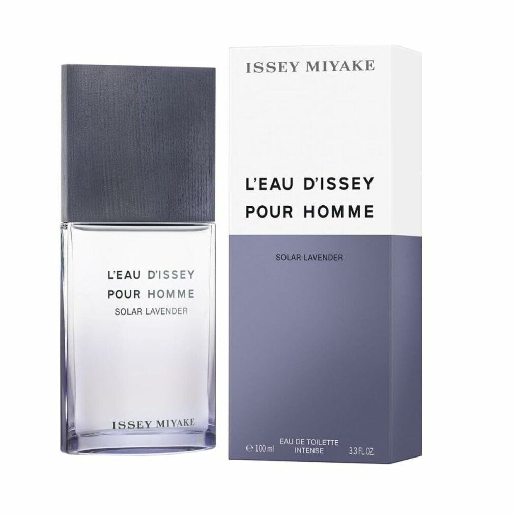 Flakon und Verpackung. Flakon: rechteckig, graue Kappe. Verpackung: weiß/lila. Aufschrift: L'Eau d'Issey pour Homme Solar Lavender.