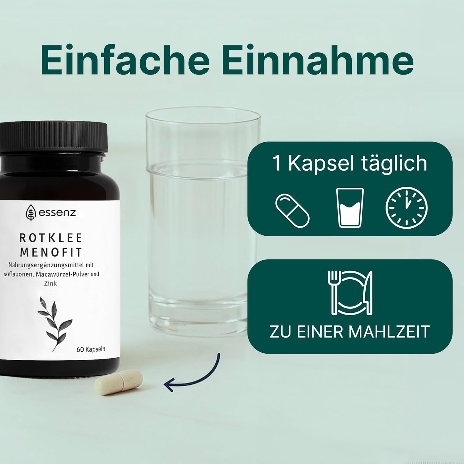 Flasche ESSENZ Rotklee MenoFit Kapseln, Glas Wasser, Kapsel. Text: 1 Kapsel täglich, zu einer Mahlzeit.