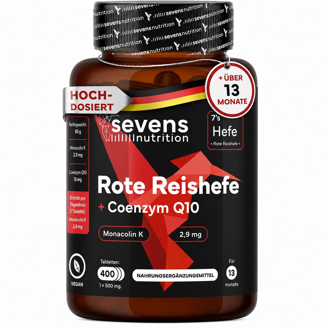 SEVENS NUTRITION Roter Reis + Coenzym Q10, hochdosiert, 400 Tabletten.