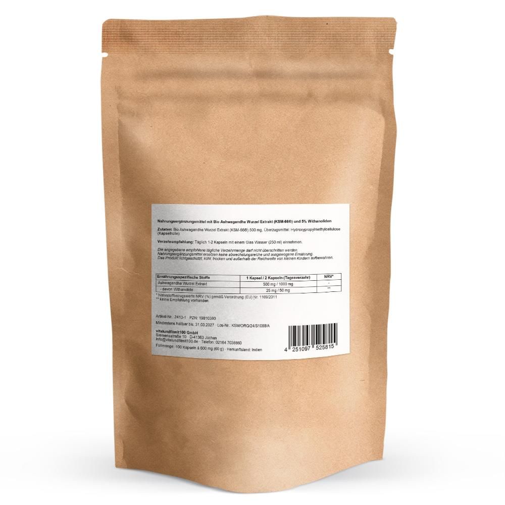 Rückseite der braunen Papierverpackung. Text mit Nährwertangaben, Inhaltsstoffen und Herstellerinformationen. Barcode und Chargennummer.