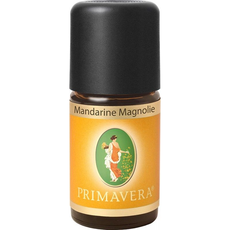 Braune Glasflasche mit schwarzem Deckel. Aufkleber mit Text: Mandarine Magnolie, Primavera Logo und Abbildung einer Frau.