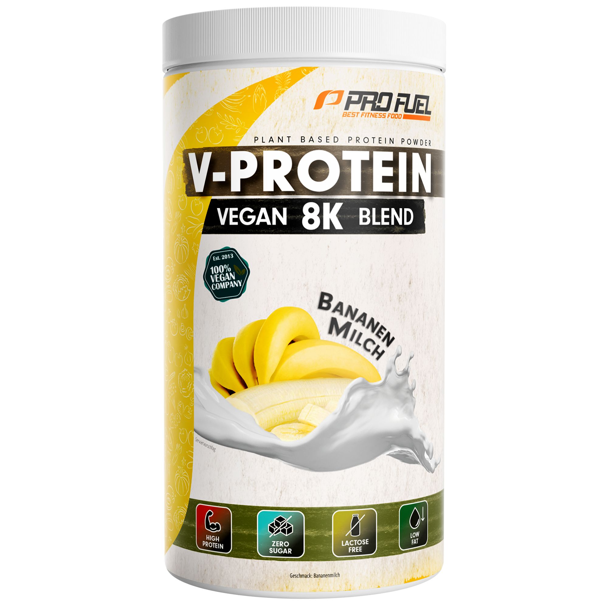Weißer ProFuel V-Protein 8K-Behälter mit Bananenmilch-Geschmack. Zeigt Bananenscheiben und Milchspritzer. Enthält Logos für vegan, zuckerfrei und laktosefrei.