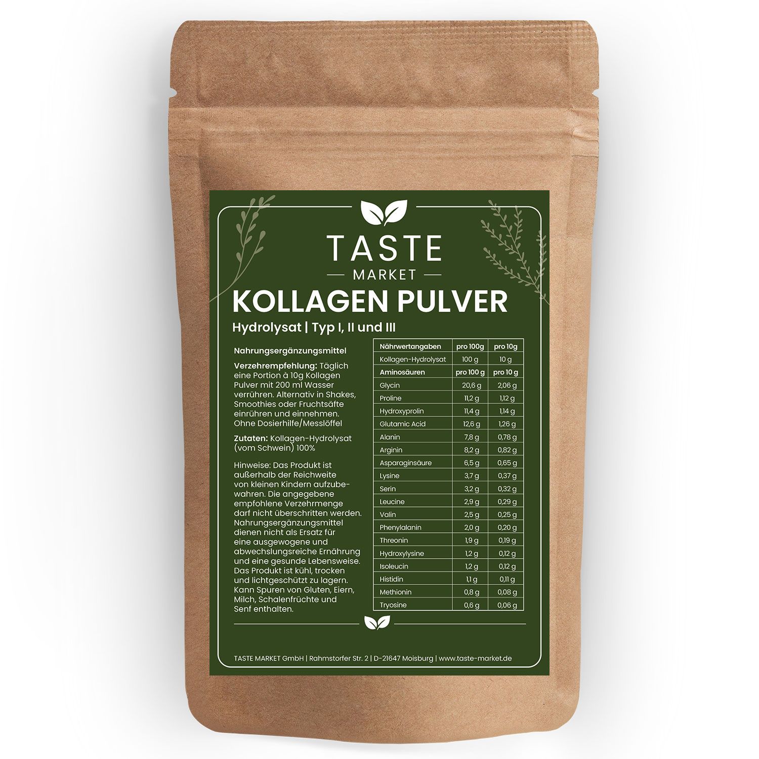 Braune Papiertüte mit Kollagen Pulver von Taste Market. Enthält Nährwertangaben und Aminosäuren.