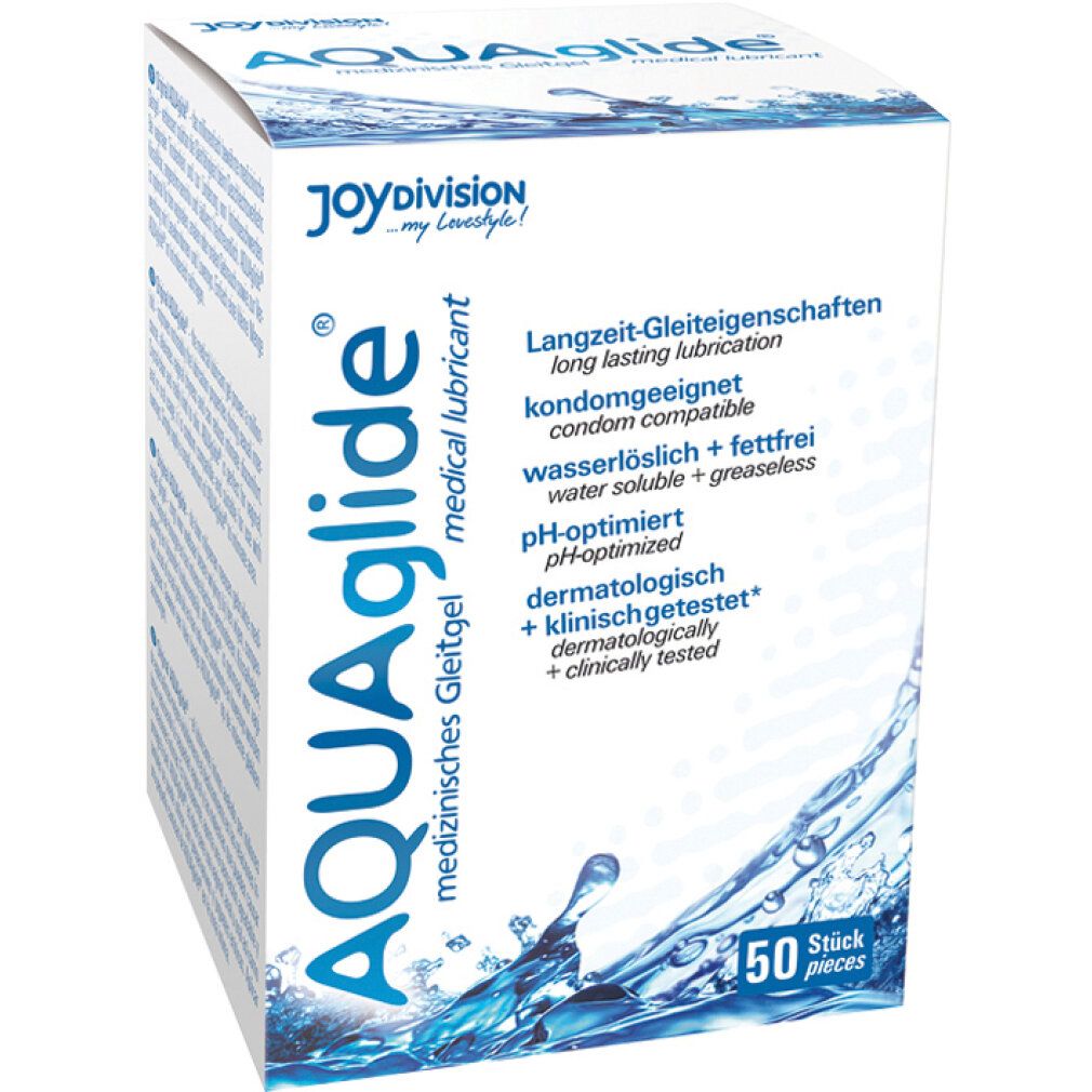 AQUAglide-Box. Weiß mit blauem Wellenmuster. Text: AQUAglide, Joydivision, 50 Stück, medizinisch getestet, kondomgeeignet.