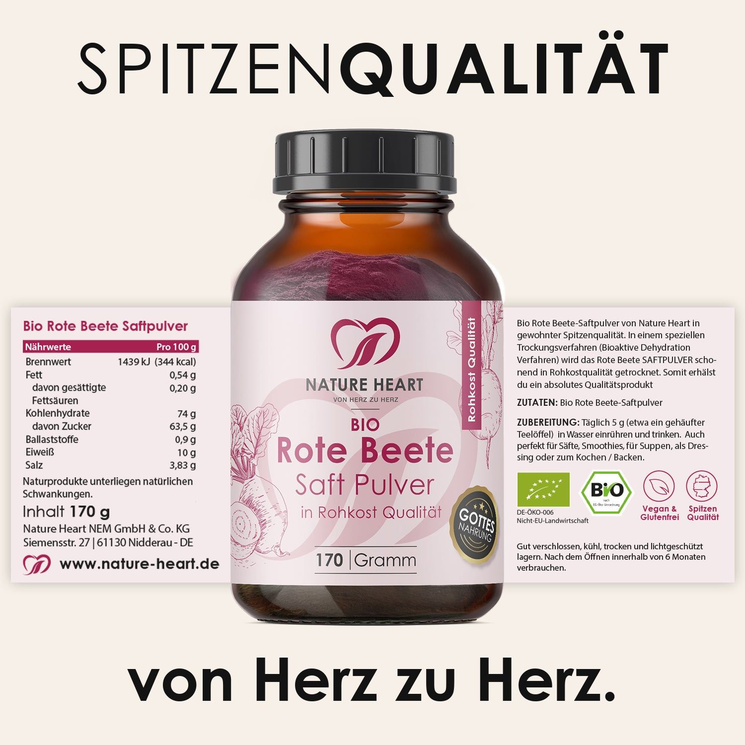 Braune Glasflasche mit schwarzem Deckel. Etikett mit Logo, Produktname, Inhaltsangabe und Nährwerttabelle. Siegel: Rohkost Qualität, Bio.