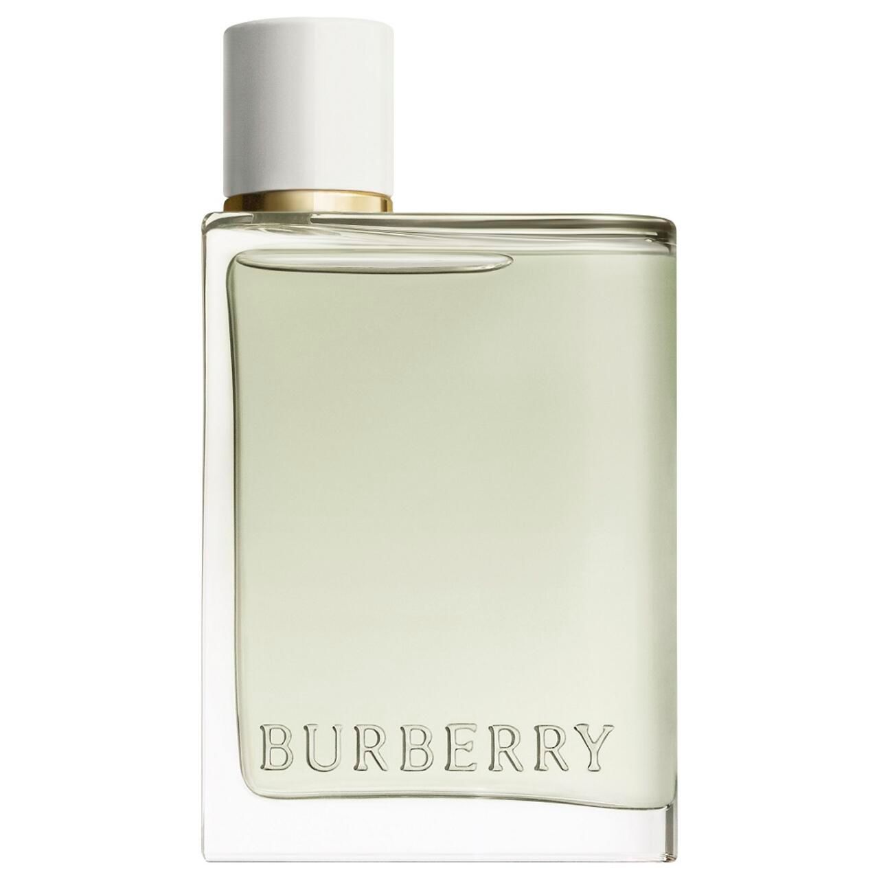 Burberry Her Eau de Toilette Flakon. Rechteckiger Flakon mit weißem Deckel. Burberry-Logo.
