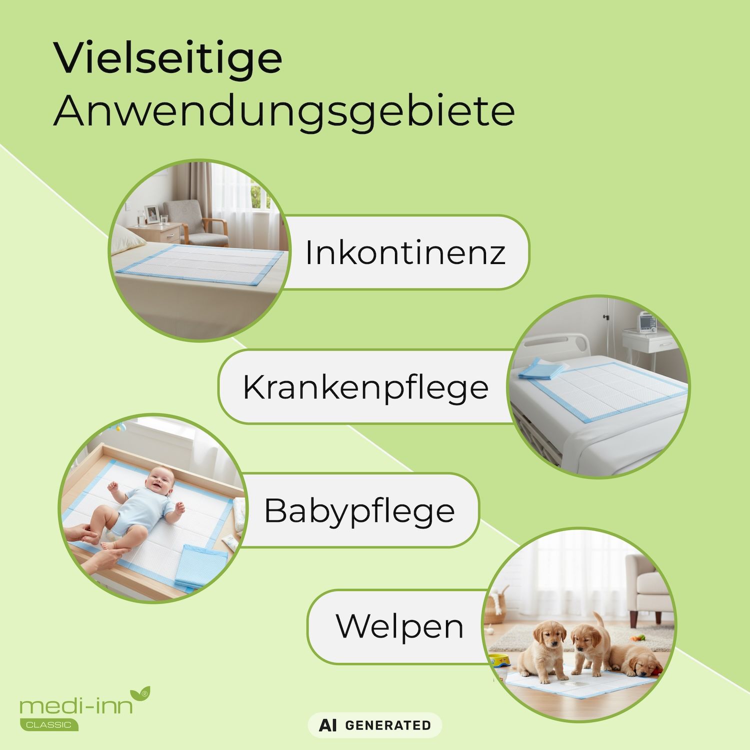 Mehrere saugfähige Unterlagen mit blauen Rändern, die für Inkontinenz, Krankenpflege, Baby- und Welpenpflege verwendet werden.