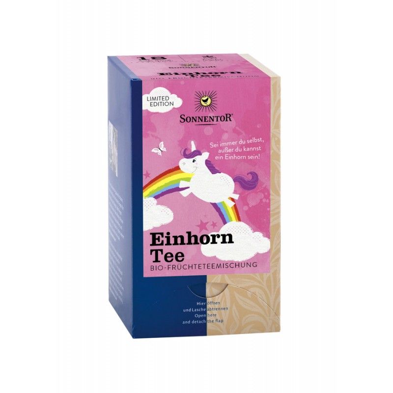 Verpackung von Sonnentor Einhorn Tee. Rosa-weißes Design mit Einhorn, Regenbogen und Schriftzug. Limited Edition.