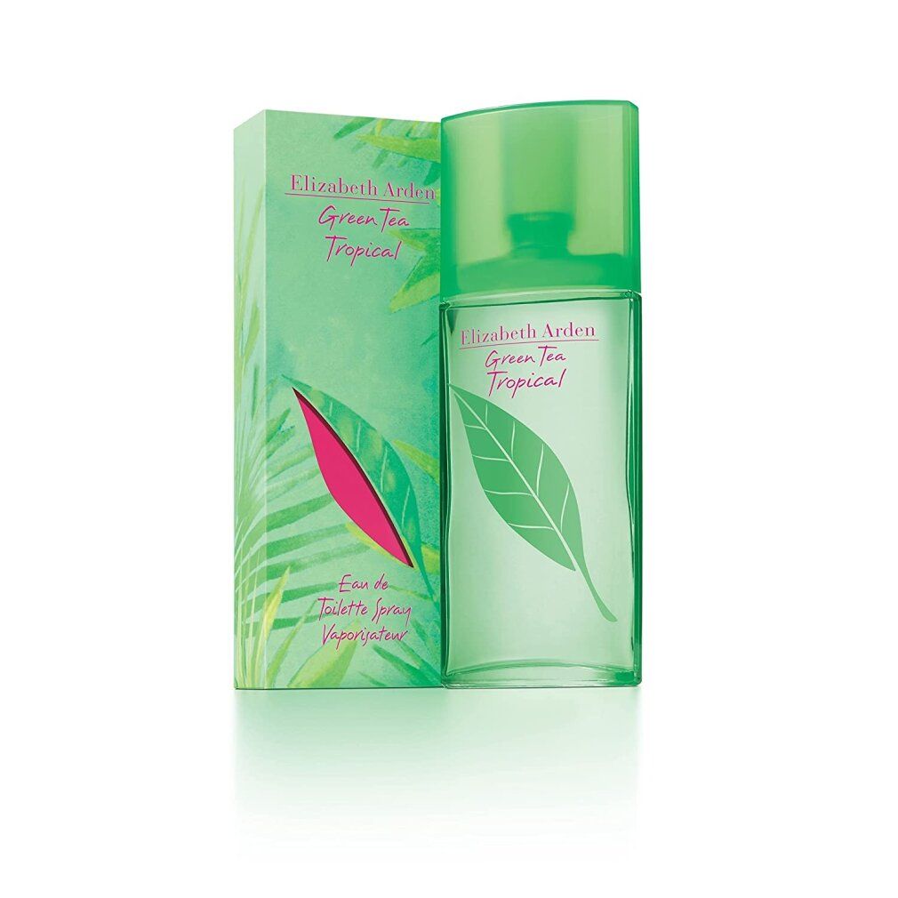 Flakon und Verpackung. Flakon rechteckig, grün. Verpackung grün mit Blattmuster. Aufschrift: Elizabeth Arden Green Tea Tropical.
