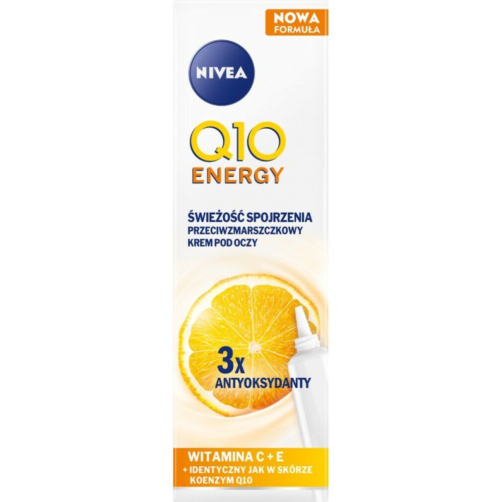 Weiße Tube mit blauer Kappe. Aufschrift Q10 Energy. Orangefarbener Streifen. Zitrone. Text. Produkt gegen Falten.