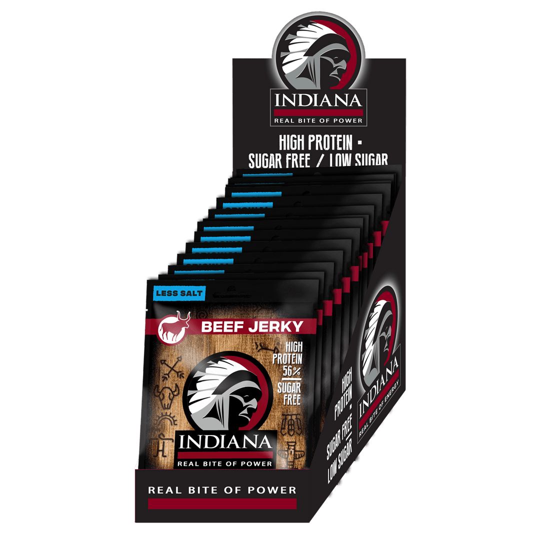 Verpackung mit Indiana Beef Jerky. Schwarze Beutel mit rotem und weißem Logo. Text: High Protein, zuckerfrei, wenig Zucker.
