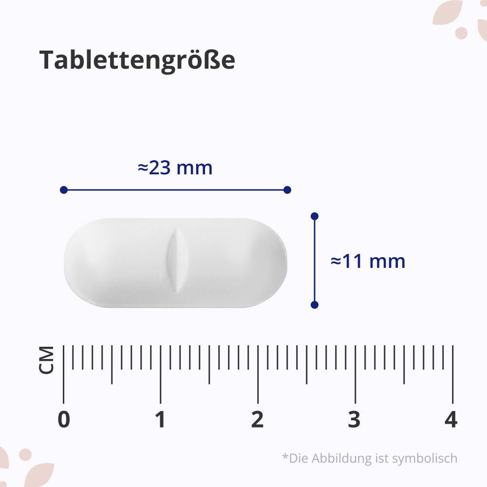 Nahaufnahme einer weißen Tablette. Maße: ca. 23 mm x 11 mm. Skala in cm.