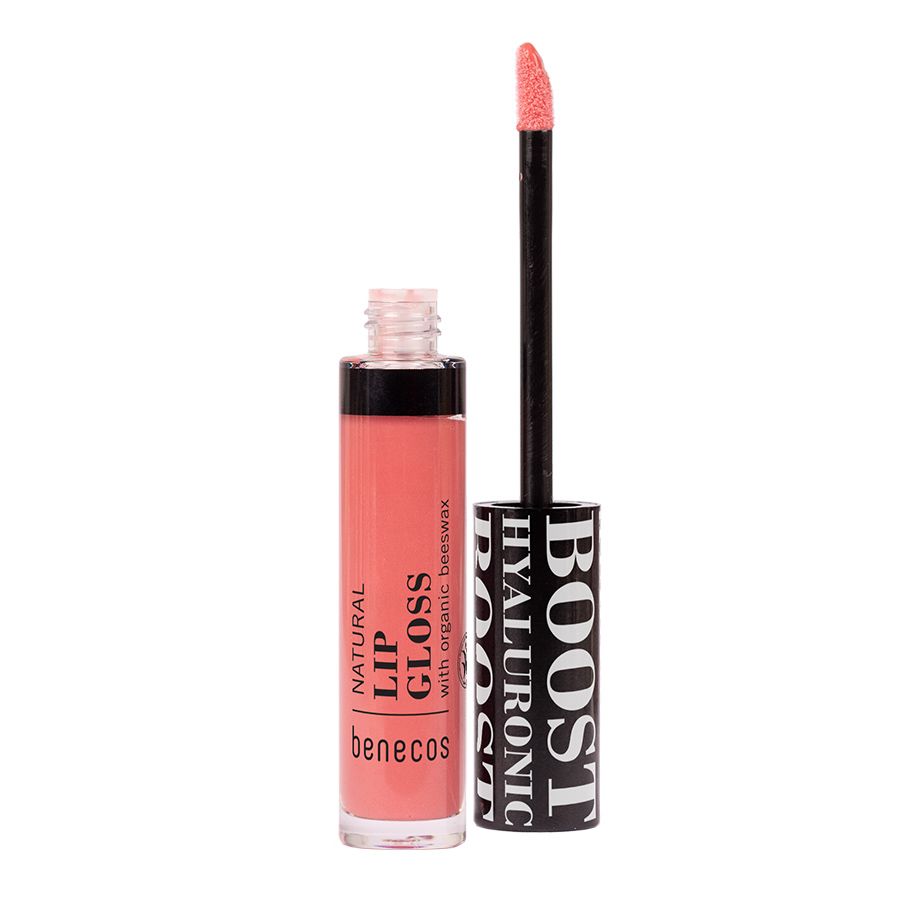 Benecos Natural Lipgloss Flamingo: Fläschchen mit Applikator. Rosa-Pfirsich-Farbton.
