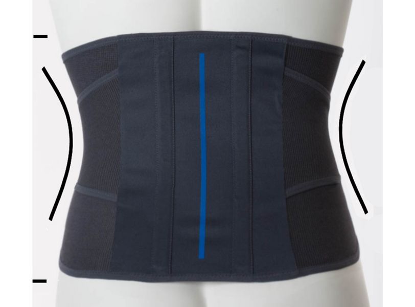 Dunkelgraue Rückenorthese. Vertikale Verstärkungen, seitliche Formgebung. Auf hellem Hintergrund, Ansicht von hinten.