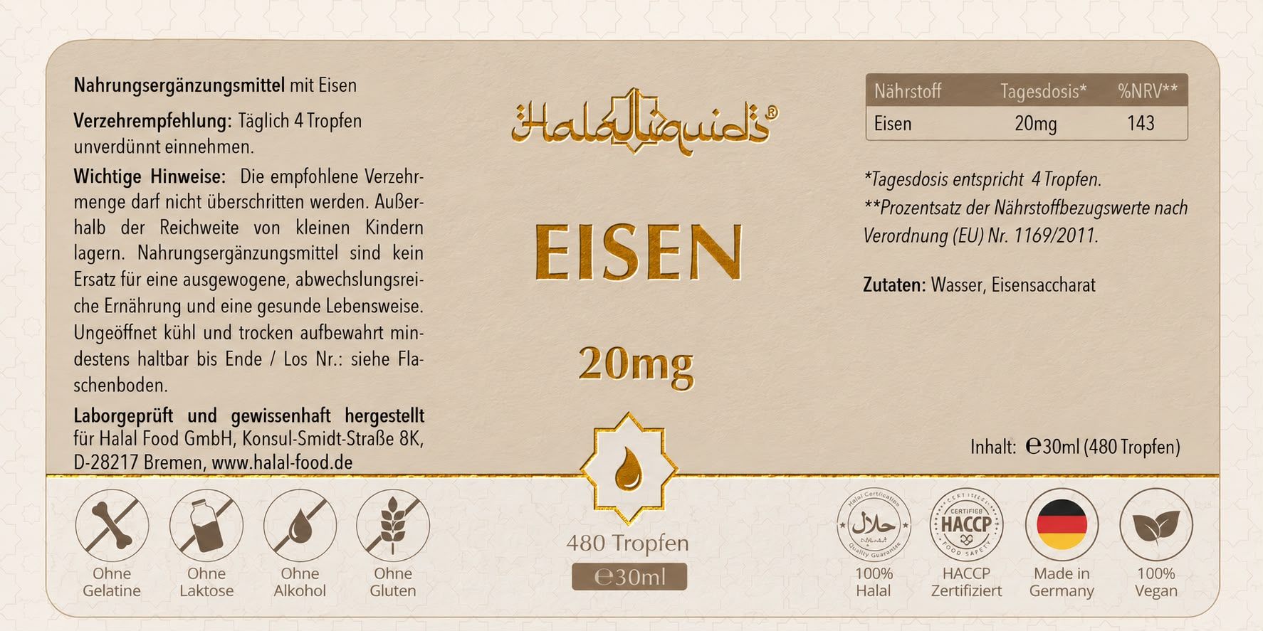Halal Food - Eisen Tropfen - vegan & hochdosiert