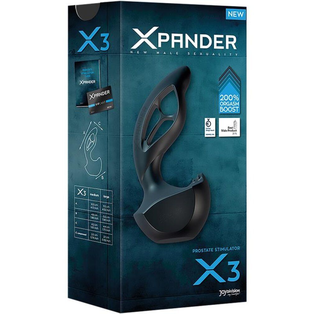 Verpackung des JOYDIVISION XPANDER X3 Prostate Stimulators. Vorderseite mit Produktabbildung und Details.