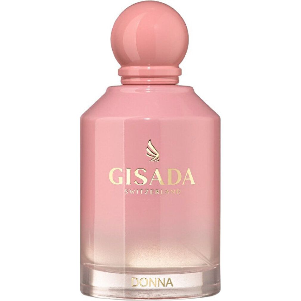 Gisada Donna Eau de Parfum Flakon. Rosa Flakon mit goldenem Schriftzug und rosa Kappe.
