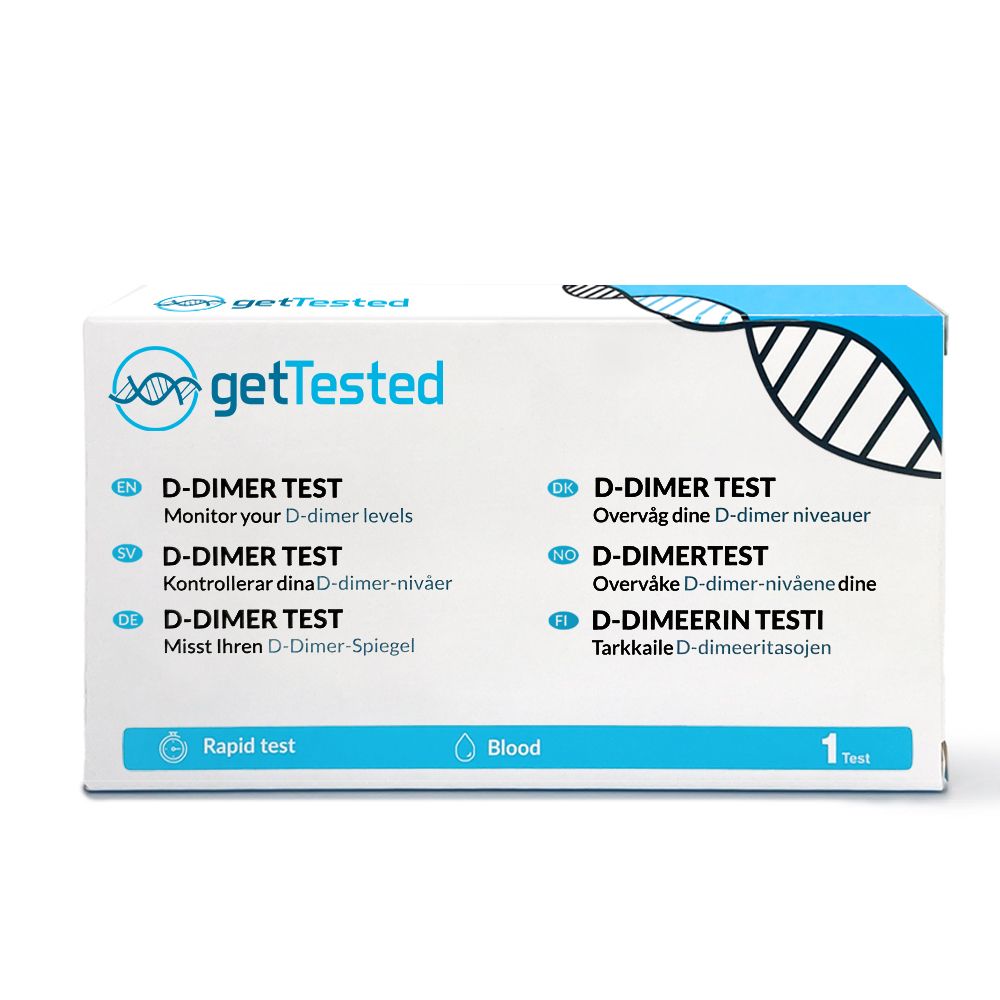 GetTested D-Dimer-Test-Box. Enthält Informationen in mehreren Sprachen, einschließlich 'D-DIMER TEST'.