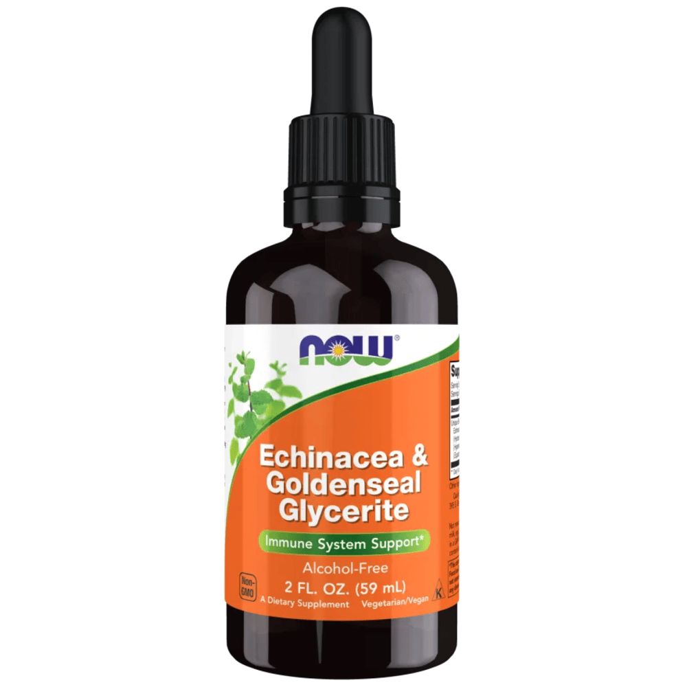 Braune Glasflasche mit schwarzem Deckel und Pipette. Aufschrift: Echinacea & Goldenseal Glycerite. Marke: now. Orangefarbener Aufkleber.
